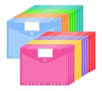 JEFURE Pochettes Porte-Documents A4, 24 Pièces, 11 Trous, 8 Couleurs | Pochettes Plastiques Perforées, Transparentes et Déperlantes, Étiquettes et Attache Agrippante, pour École, Bureau, Maison