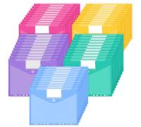 JEFURE Pochettes Porte-Documents A4, 50 Pièces, 11 Trous, 5 Couleurs | Pochettes Plastiques Perforées, Transparentes et Déperlantes, Étiquettes et Attache Agrippante, pour École, Bureau, Maison