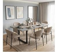 JEIXI Ensemble table de salle à manger extensible et 6 chaises avec plateau en MDF effet béton gris et chaises en lin 130-170 cm