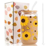 JEKUGOT Tasses à café glacé en forme de tournesol avec couvercles et pailles - Tasse en verre en forme de canette de bière pour un cadeau inspirant, parfait pour un anniversaire et un cadeau pour