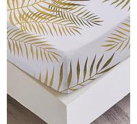 Jemiipee Drap Housse 135x190 cm 2 Personnes avec Grand Bonnet de 30 cm - Drap-Housse Microfibre Doux à Motif Feuilles Tropicales - Or Blanc