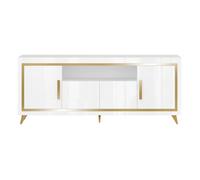 JEMMA - Buffet 4 Portes Laqué Blanc et Décor Doré avec Leds