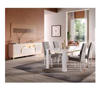 JEMMA - Ensemble Séjour Blanc Décor Doré Table 190cm + Buffet avec Leds