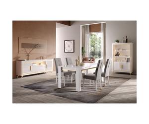 JEMMA - Ensemble Séjour Complet Blanc Décor Doré Table 160cm + Buffet et Vitrine avec Leds