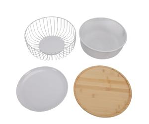 Jenivaint Grand Panier à Fruits en Fil Métallique, Bol en Métal avec Base en Bois, 2 Paquets Comprenant des Couvercles pour le Rangement sur le Comptoir de Cuisine, Décor de Ferme