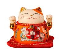 Jenngaoo Chat Porte Bonheur Japonais Orange, Lucky Japanese Cat 11.4cm, Maneki Neko Japonais en Céramique, Cadeau Chat Porte Bonheur pour Fortune, Voiture, Décoration pour Maison, Bureau