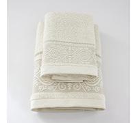 Jenny Sesal Set de Serviettes Katia, avec Volants en Jacquard, Lot de Deux Serviettes de Bain Visage et invité crème éponge de Haute qualité du Portugal.