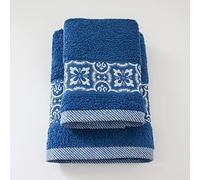 Jenny Sesal Set de Serviettes Susy, avec Volants en Jacquard, Lot de Deux Serviettes de Bain Visage et Invité Bleu 100% Coton - Éponge de Haute qualité du Portugal.