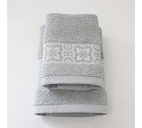 Jenny Sesal Set de Serviettes Susy, avec Volants en Jacquard, Lot de Deux Serviettes de Bain Visage et invité Gris Clair 100% Coton, éponge de Haute qualité du Portugal.