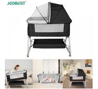 JEOBEST Lit Bébé Berceau Cododo 2 en 1, Hauteur Réglable, H 98-110 cm, avec Panier de Rangement, Table à Langer - Noir