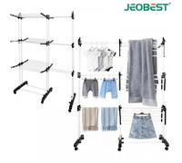 JEOBEST - SÉCHOIR À LINGE EXTÉRIEUR À 3 NIVEAUX, PLIABLE ET AMOVIBLE AVEC AILES LATÉRALES ET 6 ROULETTES, NOIR ET BLANC