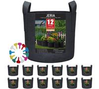 JERIA Lot de 12 Sacs de Culture pour légumes/Fleurs/Plantes, Pots d'aération en Tissu avec poignées (Noir), livrés avec 12 étiquettes pour Plantes