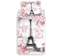 Jerry Fabrics Parure de lit 2 pièces Enfant Paris Roses 100% Coton, Housse de Couette 140cm X200cm + Une taie d'oreiller 50X70cm