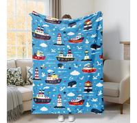 Jeté de bateau, phare nautique ludique, baleine, bleu d'été, couverture pelucheuse en fourrure confortable, légère, décorative pour canapé, sofa, lit, chaise de bureau, 127 x 152 cm