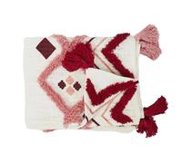 Jeté de canapé ethnique avec pompons - 130 x 170 cm - Blanc et rose