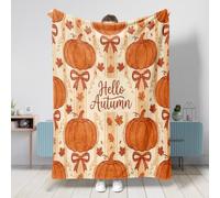 Jeté de lit citrouilles rustiques d'automne avec nœud en feuille d'érable - Couverture pelucheuse compacte et décorative pour canapé, lit, chaise, bureau - 101,6 x 127 cm