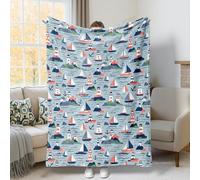Jeté de lit en molleton doux et confortable avec motif phare, ancre de bateau à voile côtier, bleu d'été, décoration pour canapé, lit, chaise de bureau, inclinable, 101,6 x 152,4 cm