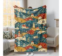 Jeté de lit en polaire douce et confortable avec ancres rustiques côtières et bateau d'automne pour canapé, lit, dortoir, chaise longue, 101,6 x 127 cm, bleu marine