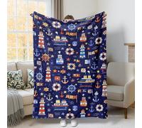 Jeté de lit léger et compact en peluche avec ancres nautiques et bateau - Bleu marine - Pour canapé, sofa, lit, salon, bureau - 127 x 152 cm