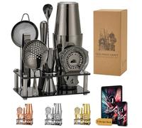 Jettory Set de Shaker à Cocktail 10 pièces en Acier Inoxydable - avec Base en Acrylique, passoire, Pince à Glace, cuillère, Verre doseur, et Pilon - Idéal pour la Maison (Noir)