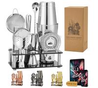 Jettory Set de Shaker à Cocktail 10 pièces en Acier Inoxydable - avec Base en Acrylique, passoire, Pince à Glace, cuillère, Verre doseur, et Pilon - Idéal pour la Maison (Argent)