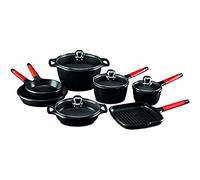 Jeu 11 Pièces à Induction à Manche Rouge : Mijoteuse 28 cm avec Couvercle, Fait-Tout 24 cm avec Couvercle, Poêle 18 Cm, Poêle 26 Cm, Casserole 16 cm avec Couvercle