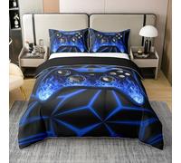 Jeu Coton Housse de Couette 220x240 pour Enfants Adultes,Géométrie Néon Bleu Literie Set,Jeu Géométrique 3D Couvre Lit,Boutons d'action du Joueur Parure de Lit,2 Taies d'oreiller pour Chambre
