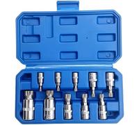 Jeu de 10 douilles spline, acier chrome type M à 12 points, triple carré Polydrive M4 à M18, clé intégrée, hauteur 1,46 à 2,17 po, argent/bleu pour auto, garage, atelier