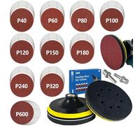 Jeu de 100 disques abrasifs de 125 mm avec système de fixation velcro, pour meuleuse d'angle et ponceuse excentrique, + 2 plateaux abrasifs M14 + 2 adaptateurs d'arbre