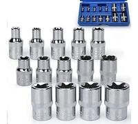 Jeu de 14 clés à douille Torx de type E, comprenant un extracteur, de la taille E4 à E24, avec des embouts de 1/4", 3/8" et 1/2", présenté dans un coffret en plastique