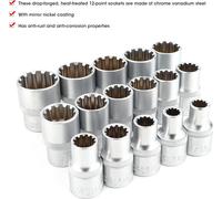 Jeu de 16 clés à douille cannelées DR. SAE/METRIC 1/2 pouce, finition nickel miroir, 12 pans universels