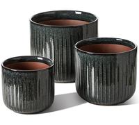 Jeu de 3 pots en céramique, couleur vert foncé, dimensions 21 + 17 + 14 cm, avec trous de drainage