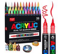 Jeu de 36 marqueurs acryliques, résistants à l'eau, à double pointe, avec une réserve d'encre de 4,0g, idéal pour les surfaces telles que la pierre, le verre, le bois, la céramique, le métal et la toi