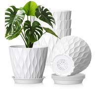 Jeu de 5 pots de fleurs, diamètre 20 cm, en plastique, avec sous-couche et trous de drainage, structure en relief 3D, couleur blanche