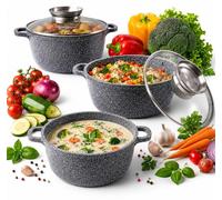 Jeu de 6 casseroles | avec revêtement marbré | 2,5/4,5/6,8 litres | poignées en silicone | avec couvercles | revêtement antiadhésif | compatible induction | idéal comme cadeau | pour tous types de pla