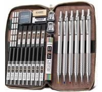 Jeu de 6 crayons à papier avec étui en cuir, mines de 0,5 à 2,0 mm, en métal, comprenant 300 mines de rechange, idéal pour le croquis et le dessin