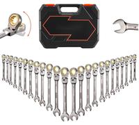 Jeu de clés à cliquet articulées/à tête flexible - 24 pièces - Métrique et SAE - Denture fine 72 dents - Acier Cr-V - Avec coffret - Pour réparations automobiles - Gris/nickel