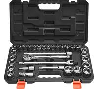 Jeu de clés à douille - 33 pièces. Boîte à cliquet - Entraînement 12,7 mm - SAE et métrique - Acier au chrome-vanadium - Rallonge - Coffret de rangement