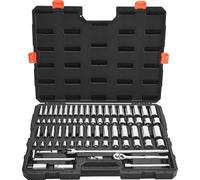 Jeu de clés à douille - 76 pièces. Boîte à cliquet, entraînement 9,5 mm - SAE et métrique - Profondes et plates - Acier au chrome-vanadium - Avec accessoires et coffret à outils - Pour la réparation a