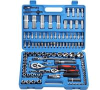 Jeu de clés à douille à cliquet - 108 pièces - Entraînement 0,6 cm et 1,27 cm - Acier CR40 - Coffret à outils - Pour métal - Bleu