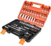 Jeu de clés à douille avec cliquet - Outils de réparation automobile - 53 pièces - Acier au carbone - Coffret de rangement - 25 × 20 × 5,5 cm - Orange-rouge