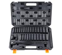 Jeu de clés à douille de 1/2 pouce, acier allié CR-V, 33 pièces. Jeu de clés à douille de 10 à 24 mm, clés à douille profondes, clés à choc, dureté HRC 42-48. Inclut une mallette de rangement et un ex