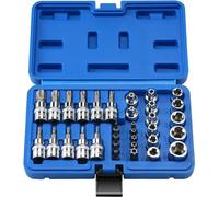 Jeu de clés à douille E-Torx et Torx, 34 pièces, en acier CRV S2, avec embouts E4-E20 et T10-T60, ainsi que des embouts spéciaux TT10-TT55, avec entraînement de 3/8"