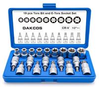 Jeu de clés et embouts Torx de 19 pièces, 1/2", de E10 à E24 et de T20 à T70, en acier CR-V, finition mate avec rainures, présenté dans une boîte de rangement