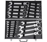 Jeu de clés mixtes - Clés à cliquet à tête flexible - 22 pièces - Pour hexagone - Acier au carbone 45 + 50BV30 - Trempées, polies, galvanisées - Argent