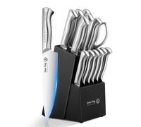 Jeu de couteaux de cuisine en acier inoxydable, 14 pièces, avec bloc, comprenant un couteau de chef et un aiguiseur
