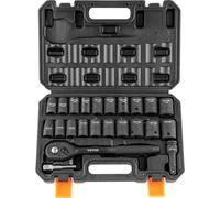 Jeu de douilles à choc 1/2", jeu de 23 douilles SAE (7/16" -1") et métriques (13-24 mm) à 6 pans en acier allié Cr-V pour la réparation automobile avec poignée à cliquet, construction robuste, coffret