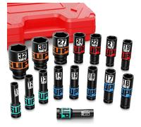 Jeu de douilles à chocs de 16 pièces, 1/2 pouce, de 10 à 32 mm, en acier chromo-vanadium, avec coffret de rangement