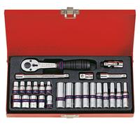 Jeu de douilles King Tony 1/4" 26Cz. courtes + longues, 6 Ang. 4 - 13Mm avec cliquet et cartouche d'accessoires