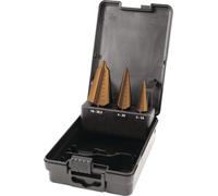 Jeu de forets à tôle 3-14/4-20/16-30,5 mm HSS-TiN, 3 pièces, coffret en plastique